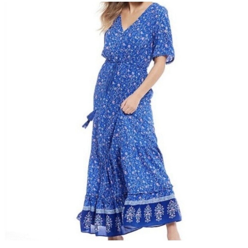 CITY VIBE WOMEN MAXI DRESS SZ L BLUE FLORAL SHORT SLEEVE LONG TIERED
